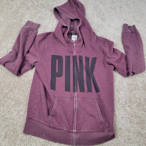 PINK Victoria's Secret Full Zip Hoodie Sweatshirt Burgundy Black Sz Medium Read - Picture 1 of 5